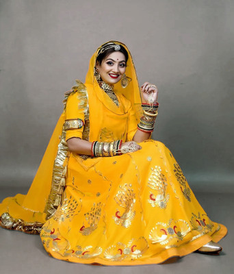 Anjani Textile Embroidered Semi Stitched Rajasthani Poshak(Yellow)
