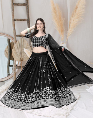 F Plus fashion Embroidered Semi Stitched Lehenga Choli(Black)