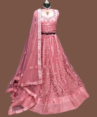 WILLMAKE Solid, Embroidered, Embellished, Self Design, Striped, Chevron/Zig Zag, Colorblock Semi Stitched Lehenga Choli(Pink)