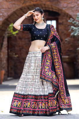 MITRABIZ Floral Print Semi Stitched Lehenga Choli(Black)