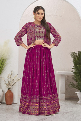 Odd by chansi Trendz Embroidered Stitched Lehenga with Jacket(Pink)