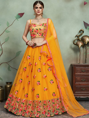 odette Embroidered Semi Stitched Lehenga Choli(Yellow)