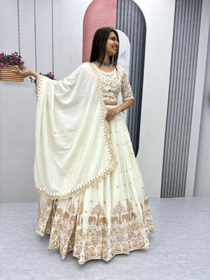 Ethnicset Embroidered Semi Stitched Lehenga Choli(White)
