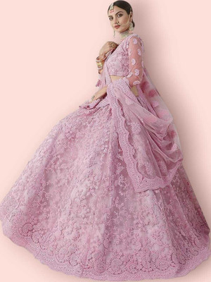 Kitvillaa Embroidered Semi Stitched Lehenga Choli(Multicolor)