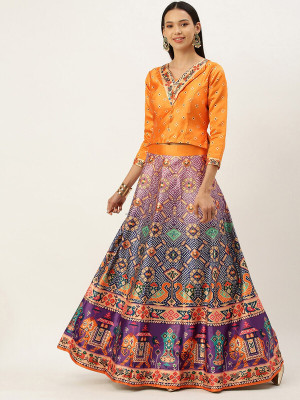 Kaizen Internatioanal Digital Print Semi Stitched Lehenga & Crop Top(Multicolor)