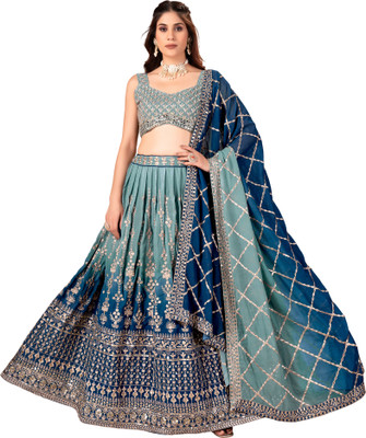 SHAFNUFAB Embroidered Semi Stitched Lehenga Choli(Dark Blue)