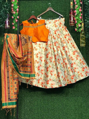 KAHIRAA WHOLETEX Digital Print Semi Stitched Lehenga Choli(Beige, Orange)