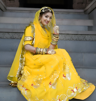 New Pooja Embroidered Semi Stitched Rajasthani Poshak(Yellow)