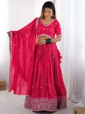 Trijal Fab Embroidered Semi Stitched Lehenga Choli(Pink)