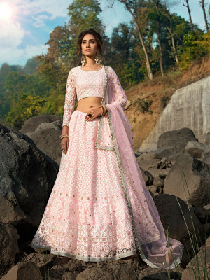 odette Embroidered Semi Stitched Lehenga Choli(Pink)