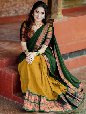 R K INFINITIVE Solid Semi Stitched Lehenga Choli(Gold, Green)
