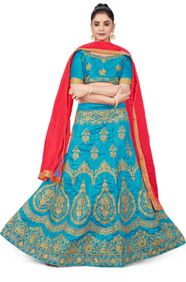 manvaa Embroidered Semi Stitched Lehenga Choli(Blue, Pink)