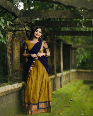 HOUSE OF COMMON Printed Semi Stitched Lehenga Choli(Gold, Dark Blue)
