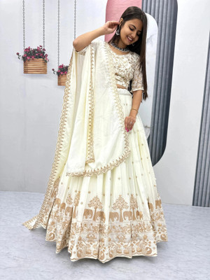 Prahant Embroidered Semi Stitched Lehenga Choli(White)