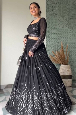 QEXTY Solid Semi Stitched Lehenga Choli(Black)