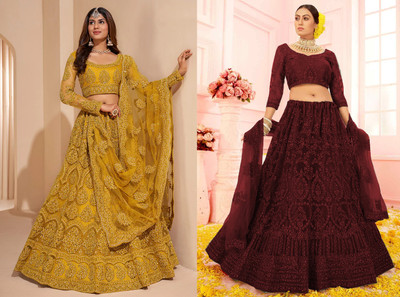 Reelove Factory Embroidered Semi Stitched Lehenga Choli(Yellow, Maroon)
