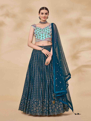 odette Embroidered Semi Stitched Lehenga Choli(Blue)