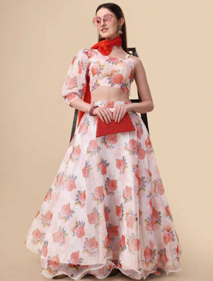 F Plus fashion Printed Semi Stitched Lehenga Choli(White)
