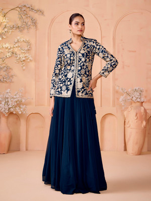 BHAVNA TEXTILE Embroidered Stitched Lehenga with Jacket(Dark Blue)