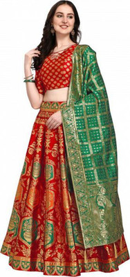 kaizen texo fab Embellished Semi Stitched Lehenga Choli(Red, Green)