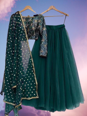 Omstar Fashion Self Design Semi Stitched Lehenga Choli(Green)