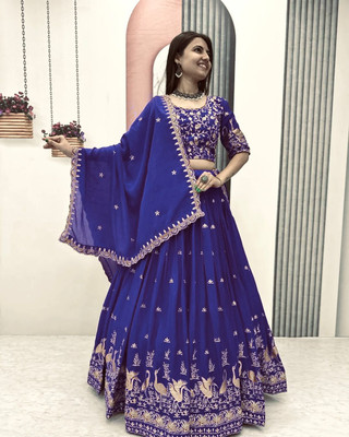VIVAI CREATION Embroidered Semi Stitched Lehenga Choli(Blue)