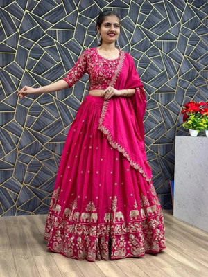 Prahant Embroidered Semi Stitched Lehenga Choli(Pink)