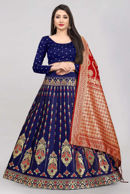 Fabcartz Self Design Semi Stitched Lehenga Choli(Red, Dark Blue)