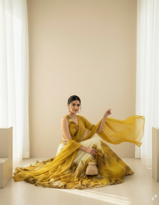 PuriMaa Floral Print Semi Stitched Lehenga Choli(Yellow, White)