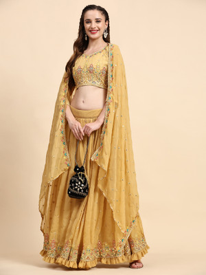 FAB WINDOW Embroidered Semi Stitched Lehenga Choli(Yellow)