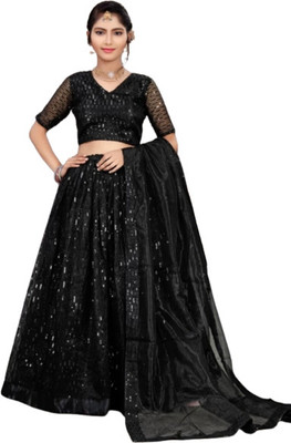 sibyl creation Embellished Semi Stitched Lehenga Choli(Black)