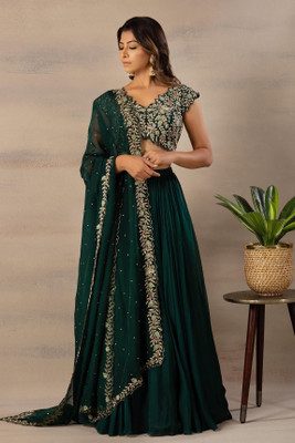 FAB WINDOW Embroidered Semi Stitched Lehenga Choli(Green)