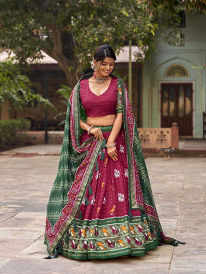 CynorHub Self Design Semi Stitched Lehenga Choli(Red, Green)