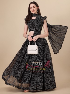 PMD Fashion Bandhani, Printed, Geometric Print, Digital Print Semi Stitched Lehenga Choli(Black)