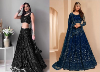 Cute Fellow Embroidered Semi Stitched Lehenga Choli(Black, Dark Blue)