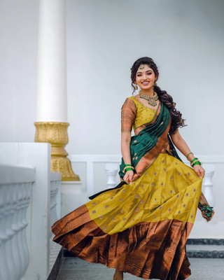 R K INFINITIVE Printed Semi Stitched Lehenga Choli(Gold, Green)