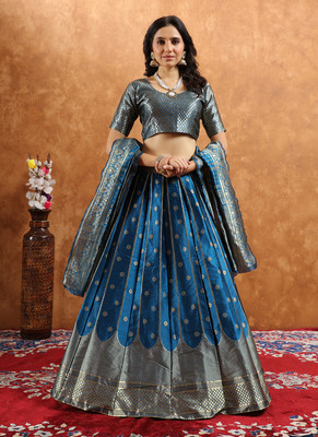 SWAMI STUDIO Self Design Semi Stitched Lehenga Choli(Gold, Blue)