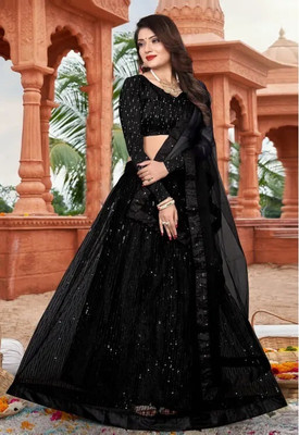 S R CRETION Embroidered Semi Stitched Lehenga Choli(Black)