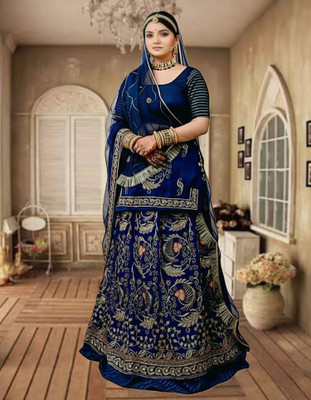 Bhawani Collection Embroidered Semi Stitched Rajputi Poshak(Blue)