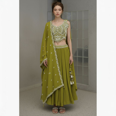 Ivira Embellished Stitched Lehenga & Crop Top(Green)