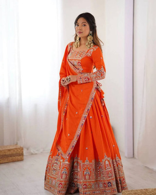 PEDR TRENDS Embroidered Semi Stitched Lehenga Choli(Orange)