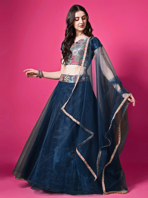 REcart Embroidered Semi Stitched Lehenga Choli(Blue)