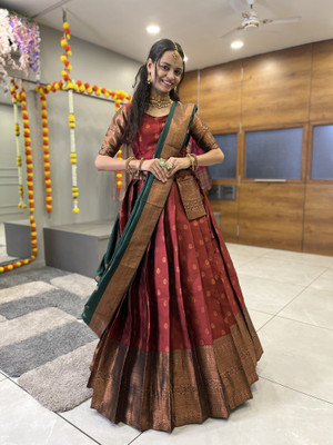 R K INFINITIVE Self Design Semi Stitched Lehenga Choli(Maroon, Green)