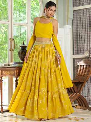 Janasya Printed Stitched Lehenga Choli(Yellow)