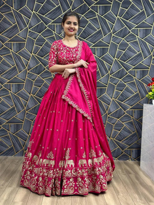 NJ FASHION Embroidered Semi Stitched Lehenga Choli(Pink)