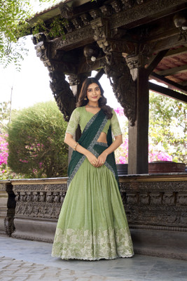 kridhashopping Embroidered Semi Stitched Lehenga Choli(Light Green)