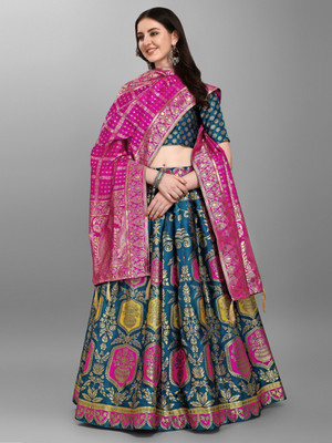 FROQUILIZ Floral Print Semi Stitched Lehenga Choli(Blue)