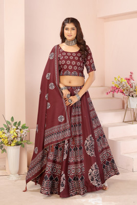 KRISHU ETHNICS Digital Print Semi Stitched Lehenga Choli(Maroon, Black)