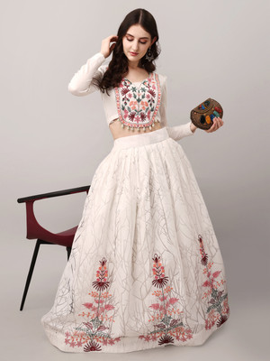 Fushio and Fashion Embroidered Semi Stitched Lehenga & Crop Top(White)