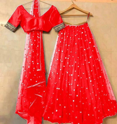 lazyandcrazy shop Embroidered Semi Stitched Lehenga Choli(Red)